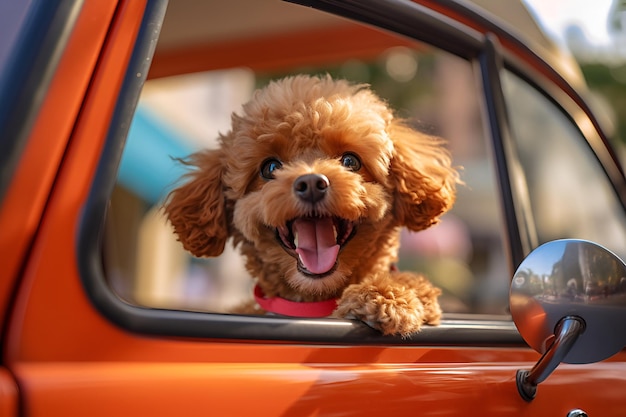 Cão poodle sorridente bonito viaja de carro no verão Conceito de viagem e férias Generative AI