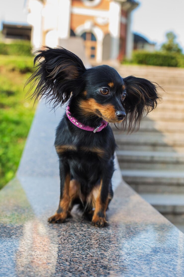 Foto cão preto a olhar para longe.