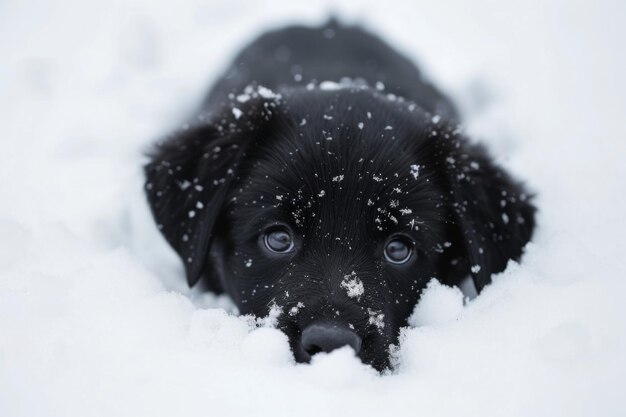 Cão preto descansando na neve olhando para a câmera