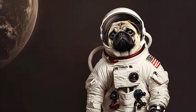 Cão pug astronauta em um terno espacial com fundo espacial de cópia