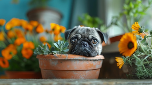 Cão Pug bonito entre flores em vaso viradas