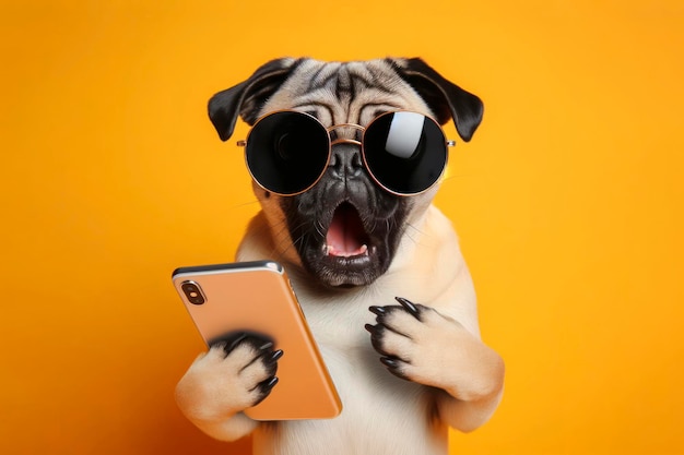 Cão pug chocado com óculos de sol segurando um smartphone em fundo colorido