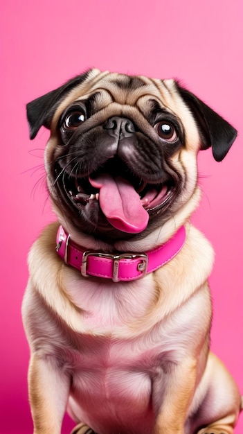 Cão Pug com colarinho rosa ao redor do pescoço