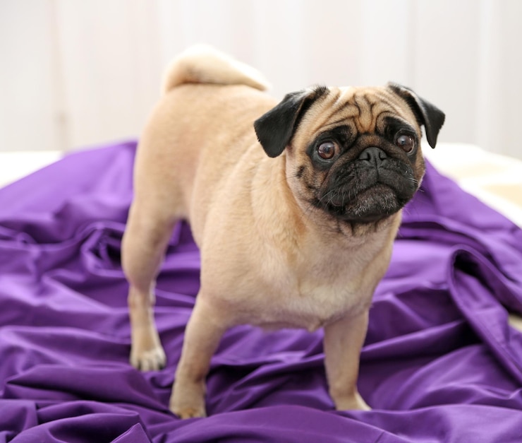 Foto cão pug deitado na cama roxa