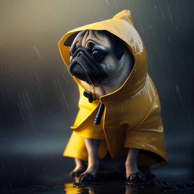 Cão Pug em uma capa de chuva amarela generativa ai