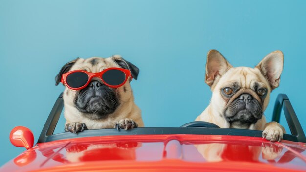 Cão pug engraçado e gato com óculos de sol em carro de brinquedo em fundo azul claro