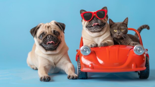 Foto cão pug engraçado e gato com óculos de sol em carro de brinquedo em fundo azul claro