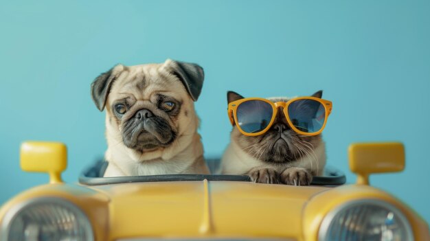 Foto cão pug engraçado e gato com óculos de sol em carro de brinquedo em fundo azul claro