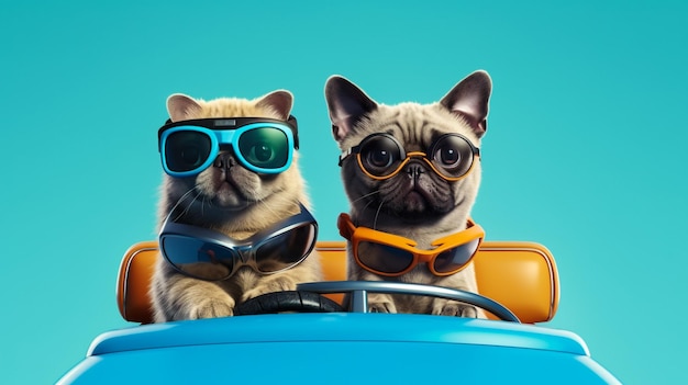 Cão pug engraçado e gato com óculos de sol no carro de brinquedo sobre fundo azul claro