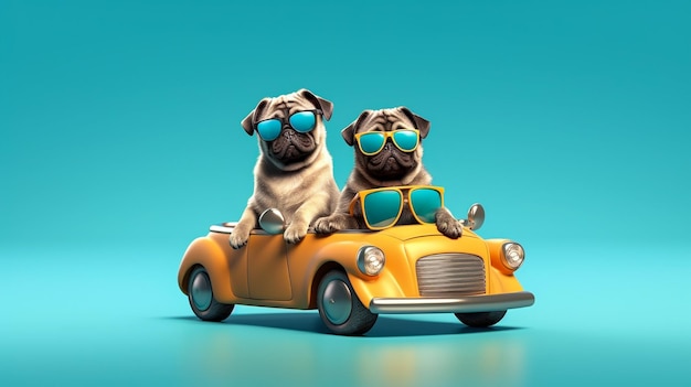 Cão pug engraçado e gato com óculos de sol no carro de brinquedo sobre fundo azul claro