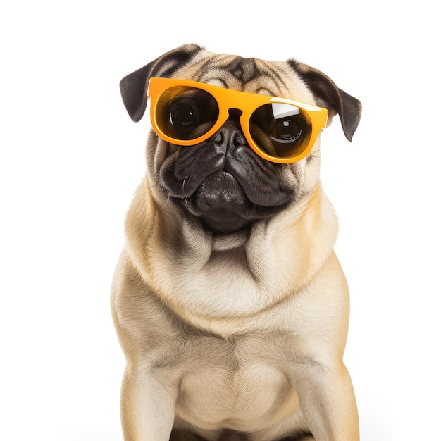 Cão pug engraçado usando óculos de sol laranja isolados no fundo branco