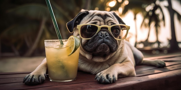 Cão Pug está de férias de verão no resort à beira-mar e descanso relaxante na praia de verão do Havaí
