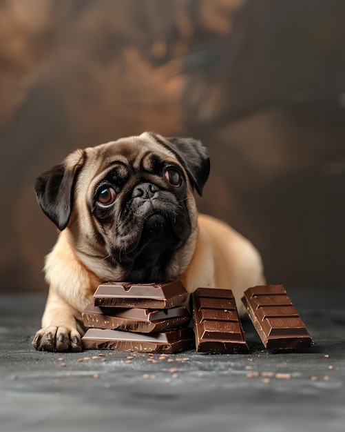 Foto cão pug faminto em frente a uma pilha de barras de chocolate