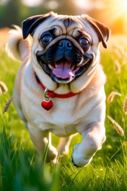 Cão pug feliz correndo por um prado verde