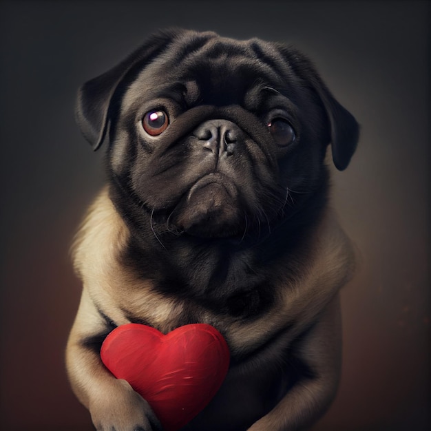 cão pug fofo segurando o conceito de amor e dia dos namorados de coração vermelho