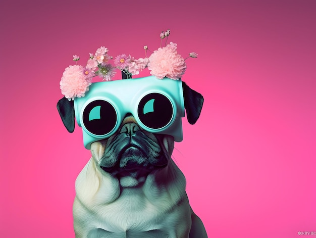 Cão Pug na moda usando óculos VR