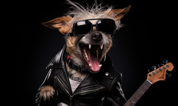 Cão punk em casaco de couro rocking out com uma guitarra elétrica Rockstar canino em óculos de sol criado com ferramentas de IA generativa
