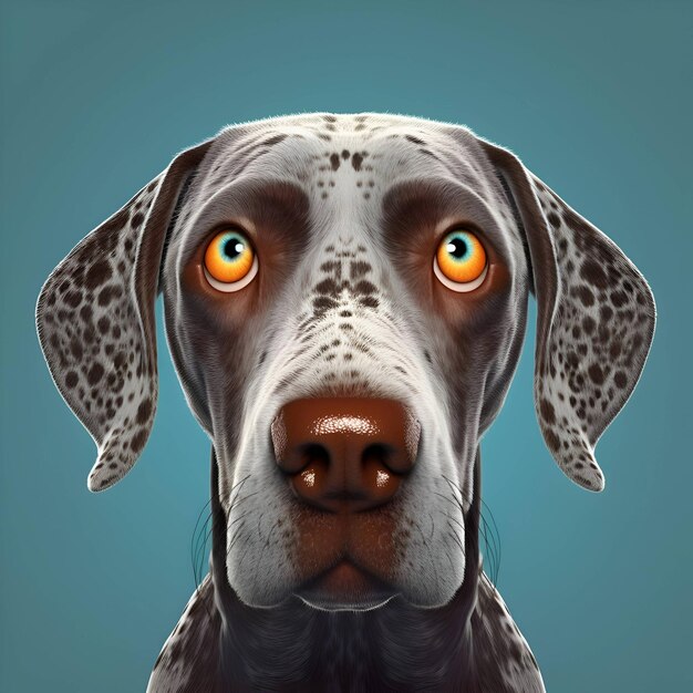 Cão raça German Shorthair Pointer com olhos grandes sobre fundo azul