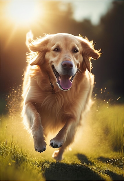 Cão raça golden retriever corre através da grama no sol AI gerado