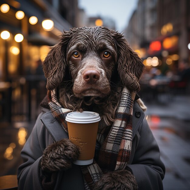 Foto cão raspado com um lenço e uma xícara de café generativo ai