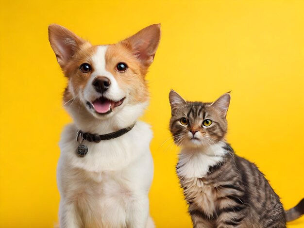 Cão retriever dourado e gato bonito em fundo pastel ai imagem