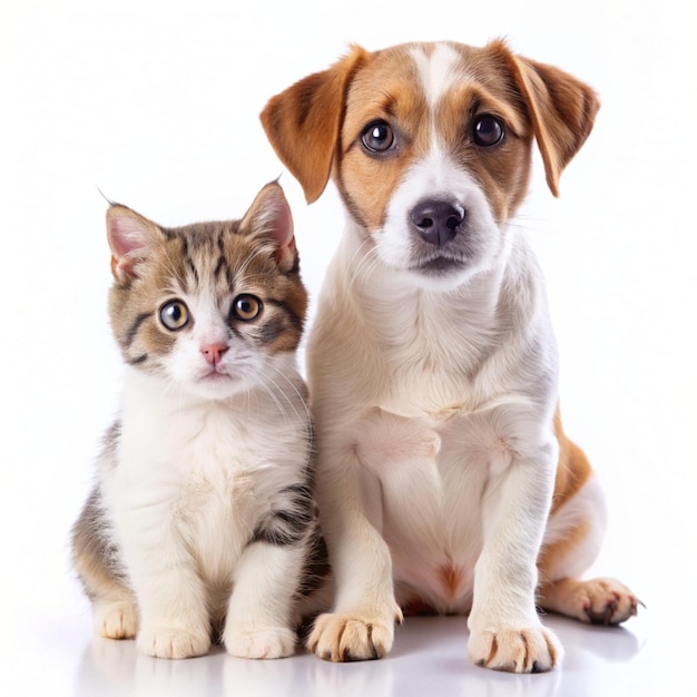 Cão retriever dourado e Maine Coon azul olhando para a câmera isolados em branco