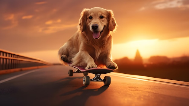 Cão retriever dourado em um skate ao pôr do sol