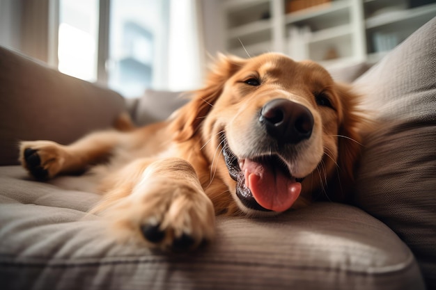 Cão retriever dourado feliz está deitado em um sofá aconchegante