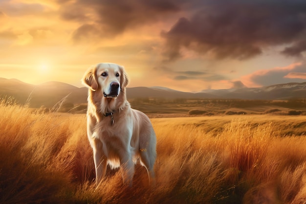 Cão retriever dourado no campo ao pôr do sol Bela paisagem