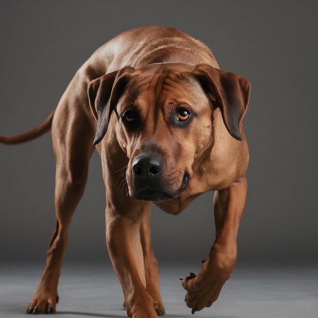 Foto cão ridgeback rodesiano isolado em fundo cinzento no estúdio