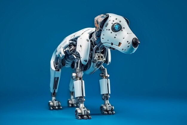 Cão robô em um close de fundo azul criado com tecnologia de IA generativa