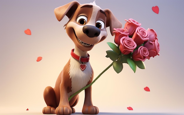 Foto cão romântico 3d com bouquet de rosas