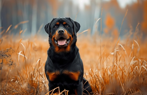 Cão Rottweiler de pé no campo de grande estilo