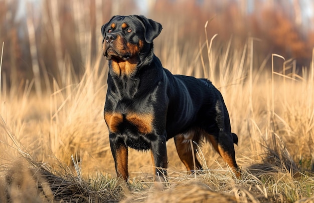 Cão Rottweiler em pé no campo de maneira grandiosa