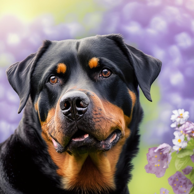 Cão rottweiler realista em fundo natural ao ar livre arrebatador