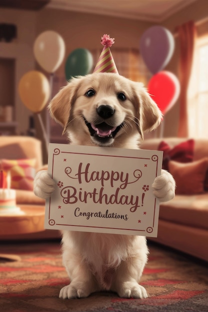 Foto cão segurando sinal feliz aniversário parabéns