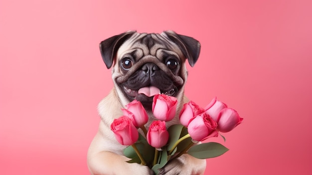 Cão segurando um buquê de tulipas em seus dentes em um fundo rosa