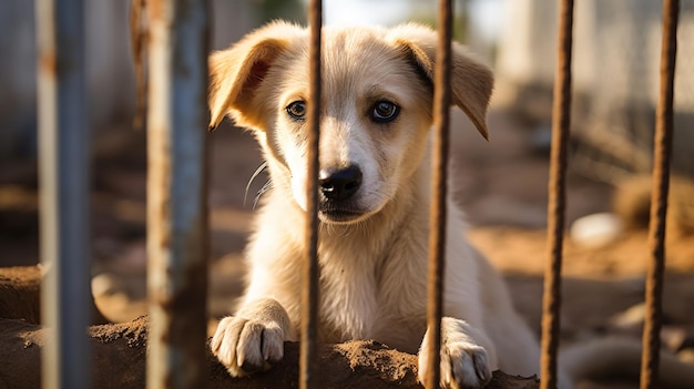 Foto cão sem-abrigo à espera de adoção numa gaiola de abrigo