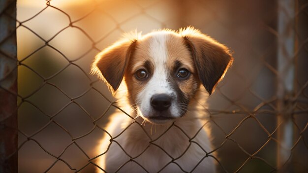 Foto cão sem-abrigo à espera de adoção numa gaiola de abrigo