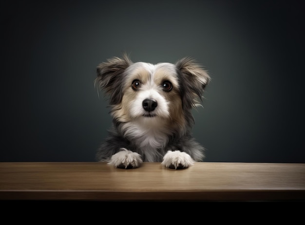 Cão senta-se na mesa de madeira e olha através dela