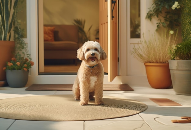 Foto cão senta-se no tapete na porta da frente