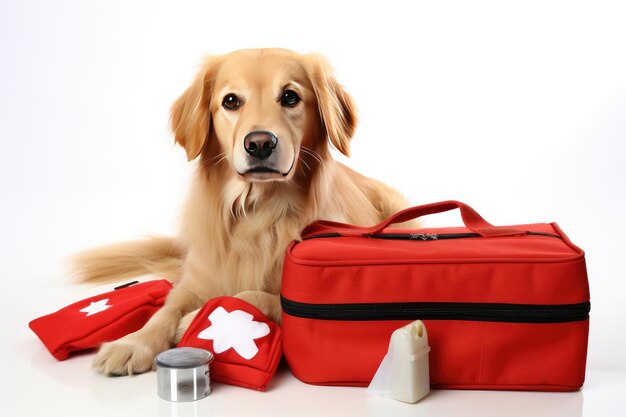 Foto cão sentado ao lado de um saco vermelho em um fundo branco ou png claro