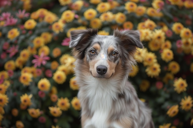 Cão sentado com um pano de fundo de flores de crisântemo