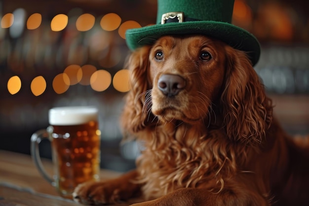 Cão setter vermelho irlandês desfruta do Dia de São Patrício no pub