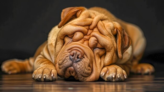 Cão Shar Pei relaxado deitado em uma superfície de madeira escura com pele enrugada e expressão adormecida