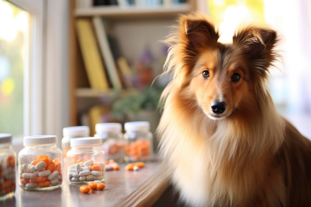 Cão Sheltie com garrafas de vitaminas