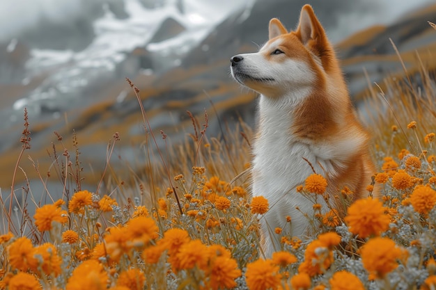 Cão Shiba Inu contempla um prado alpino florescente