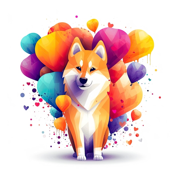 Cão shiba inu de aniversário fofo com ilustração de IA generativa de balões