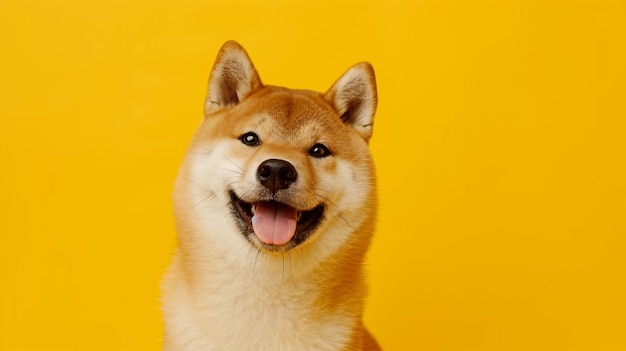 Cão Shiba Inu feliz em amarelo Cão japonês de cabelos vermelhos retrato de sorriso AI Generative