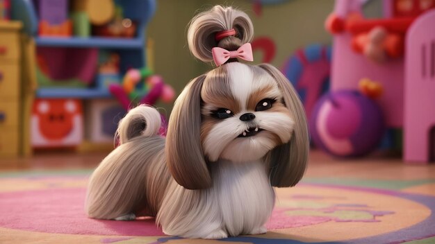 Foto cão shih tzu com pão de cabelo